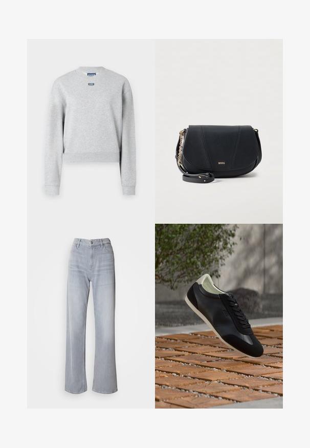 Sudadera gris con cuello redondo, mangas largas y puños acanalados. Presenta una pequeña etiqueta de logo azul en la parte superior del frente. Textura suave.; Jeans de pernera ancha en gris claro, con cintura alta, hechos de denim. Presentan bolsillos frontales, cremallera y un leve desvanecimiento por toda la prenda.; Zapatilla de cuero negro y blanco con cordones flotando sobre una superficie exterior de madera y grava, con un árbol y una pared desenfocados en el fondo.; Bolso bandolera de cuero negro con detalle de cadena dorada y logotipo "BOSS" grabado en la solapa central delantera.