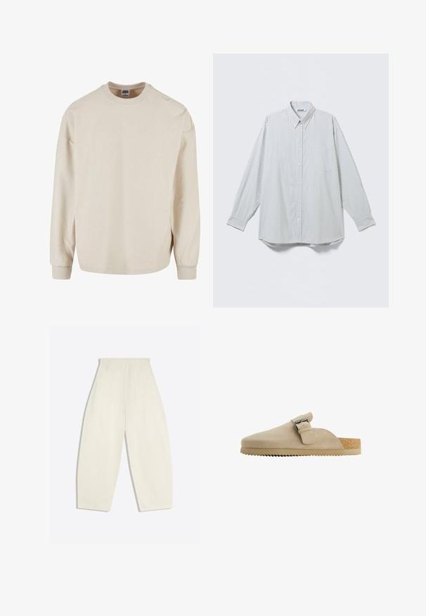 Beige geribbelde sweatshirt met lange mouwen en een ronde halslijn, met verlaagde schouders en geribbelde manchetten. Zachte textuur en een ontspannen pasvorm.; Wit overhemd met lange mouwen, knopen, dunne verticale zwarte strepen en een borstzakje, plat weergegeven op een lichte achtergrond.; Crèmekleurige broek met hoge taille en wijde pijpen, met achterzakken en ceintuurlussen, plat gelegd op een lichte achtergrond.; Beige suède klomp met een gebogen vorm, verstelbare metalen gesp en een getextureerde kurken voetbed. De buitenzool heeft een getande rand voor grip.