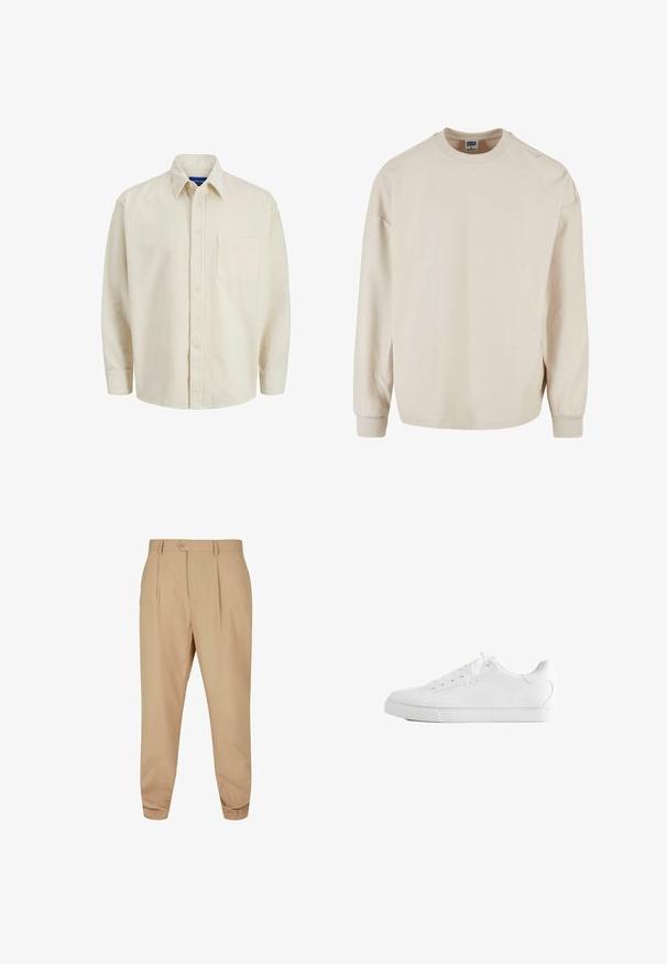 Beige ribbet sweatshirt med lange ærmer og rund hals, med faldne skuldre og ribbede manchetter. Blød tekstur og afslappet pasform.; Beige corduroy skjorte med knaplukning foran, krave, lange ærmer og en enkelt brystlomme. Har smalle lodrette striber.; Beige skræddersyede bukser med læg, knaplukning, bæltestropper og tapered ben på en hvid baggrund.; Hvid lavtop sneakers med snørebånd, glat læderoverdel og flad gummiå sole set fra siden på en hvid baggrund.