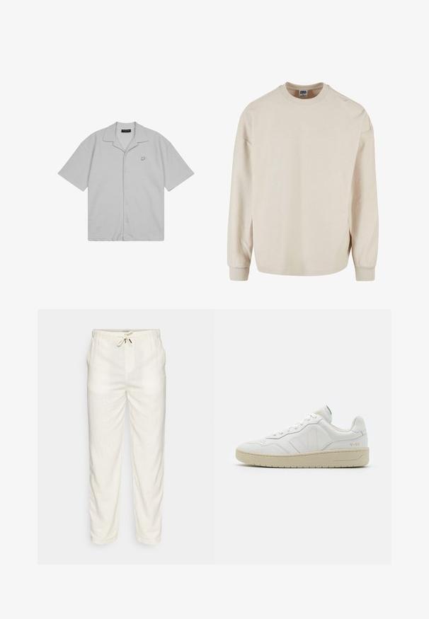 Sweatshirt beige à manches longues avec un col rond, présentant des épaules tombantes et des poignets côtelés. Texture douce et coupe décontractée.; Chemise gris clair à manches courtes avec boutons sur le devant, col ouvert et petit logo "P" sur la poitrine gauche.; Denim Project DPMDPBAGGY LINEN BLEND PANTS - Pantalon classique - offwhite; Baskets en cuir blanc avec une finition texturée et un col rembourré. Elles sont dotées d'une semelle en caoutchouc beige et d'une discrète branding sur le talon et le côté.