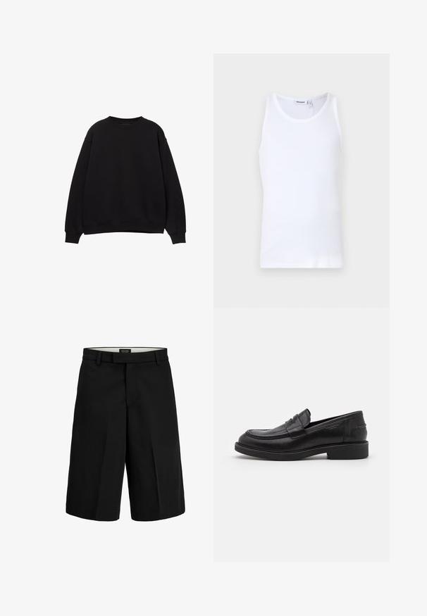 Sweat-shirt noir avec un col rond, des épaules tombantes et des poignets côtelés. Fabriqué en matériau doux, il présente un design simple et classique.; Débardeur en coton blanc avec un col rond et des bretelles larges. Texture lisse, sans motifs, design épuré et étiquette de marque au niveau du col.; Shorts noirs coupés au genou avec passants de ceinture et pli avant, étiquette à la taille indiquant "JACK & JONES Pants Studio".; Mocassins en cuir noir avec un bout arrondi, des coutures ton sur ton et un détail de sangle à l'avant. Semelle en caoutchouc avec un petit talon.