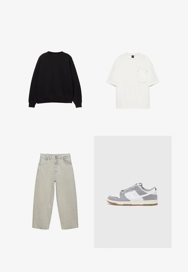Sort sweatshirt med rund hals, sænkede skuldre og ribbede manchetter. Lavet af et blødt materiale, med et simpelt, klassisk design.; Enkelt hvid T-shirt med korte ærmer, rund hals og en enkelt lomme på venstre bryst side mod en hvid baggrund.; Lysegrå vidde jeans i denim med forlommer, bæltestropper og knaplukning, vist fladt på en hvid baggrund.; Nike-sneakers har en øverste del i gråt ruskind og hvidt læder med perforeringer, runde snørebånd og en gummisål for greb.