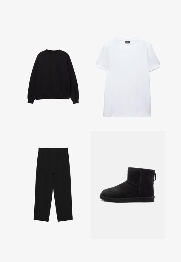Zwarte sweatshirt met ronde hals, verlaagde schouders en ribgebreide manchetten. Gemaakt van een zacht materiaal, met een eenvoudig, klassiek ontwerp.; Effen wit T-shirt met korte mouwen en een ronde hals met een zwart Pull&Bear-label aan de binnenkant van de kraag, afgebeeld op een witte achtergrond.; Zwarte broek met brede pijpen, riemlussen, voorste knoop en geplooid ontwerp, weergegeven tegen een witte achtergrond.; Zwarte suède enkellaarsjes met ronde neus, minimale stikdetails, een lusje om aan te trekken en een gestructureerde rubberen zool. Ontworpen voor warmte en comfort.
