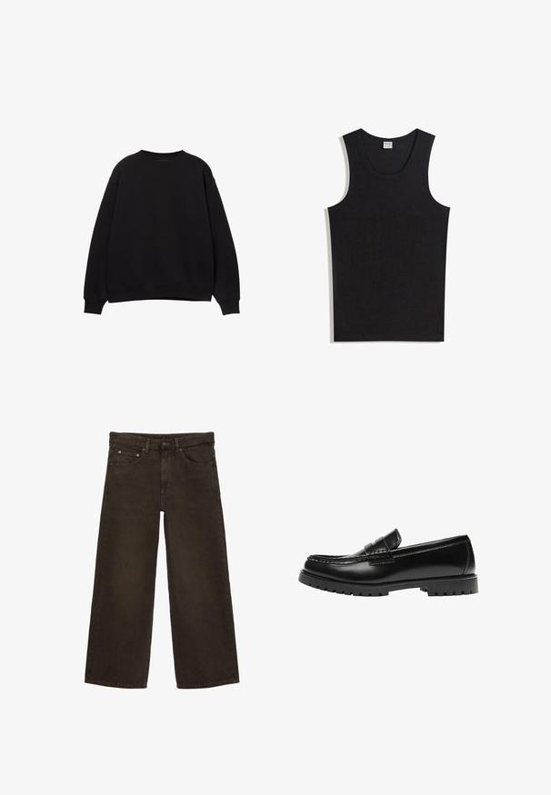 Sweat-shirt noir avec un col rond, des épaules tombantes et des poignets côtelés. Fabriqué en matériau doux, il présente un design simple et classique.; Débardeur noir en coton, doté d'un col rond et d'une coupe sans manches. Texture lisse sans motifs ni accents visibles.; Jean en denim marron à jambes larges avec poches avant, passants pour ceinture, fermeture par bouton et fermeture éclair.; Mocassin en cuir noir avec une semelle en caoutchouc épaisse et un détail classique de bride à monnaie, vu de côté extérieur.