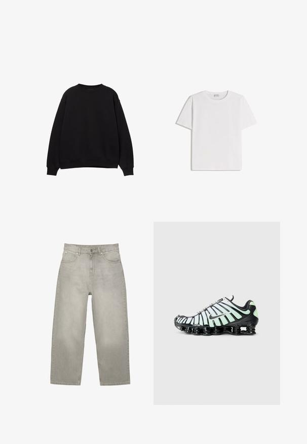 Sort sweatshirt med rund hals, sænkede skuldre og ribbede manchetter. Lavet af et blødt materiale, med et simpelt, klassisk design.; Hvid bomuld T-shirt med rund halsudskæring og korte ærmer. Har en klassisk, firkantet form uden synlige mønstre eller detaljer.; Lysegrå jeans med lige ben, forlommer, bæltestropper og lukning med knap og lynlås, lagt fladt på en hvid baggrund.; Nike sportssko med sort og mintgrøn design, mesh-overdel med bølgende accenter og fremtrædende sort dæksole.