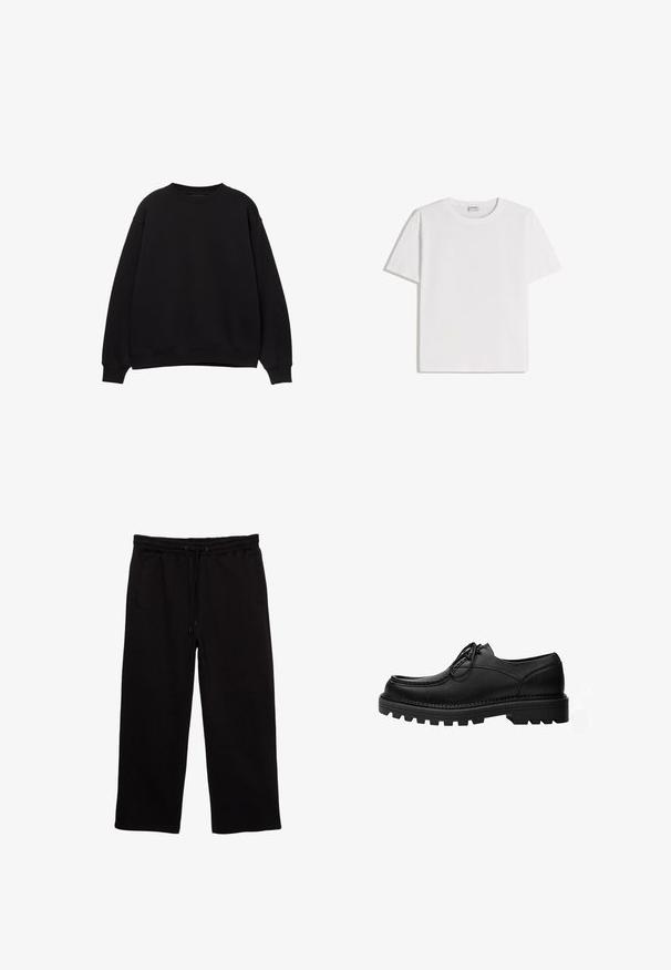 Sort sweatshirt med rund hals, sænkede skuldre og ribbede manchetter. Lavet af et blødt materiale, med et simpelt, klassisk design.; Hvid bomuld T-shirt med rund halsudskæring og korte ærmer. Har en klassisk, firkantet form uden synlige mønstre eller detaljer.; Sorte sweatpants lavet af blødt stof, med elastisk talje med snøre, to sidelommer og en afslappet pasform.; Sort læder snøresko med tyk, robust sål og detaljerede syninger på oversiden, designet til formelt eller afslappet brug.