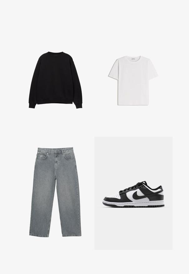 Sweat-shirt noir avec un col rond, des épaules tombantes et des poignets côtelés. Fabriqué en matériau doux, il présente un design simple et classique.; T-shirt en coton blanc avec un col rond et des manches courtes. Présente une coupe classique et carrée, sans motifs ni accents visibles.; Pantalon en denim gris clair avec coupe droite, cinq poches et braguette à boutons. Présente un logo discret sur la ceinture avant.; Baskets Nike Dunk en noir et blanc avec une tige en cuir, un bout perforé, des lacets noirs et une semelle en caoutchouc noir avec un motif de semelle.
