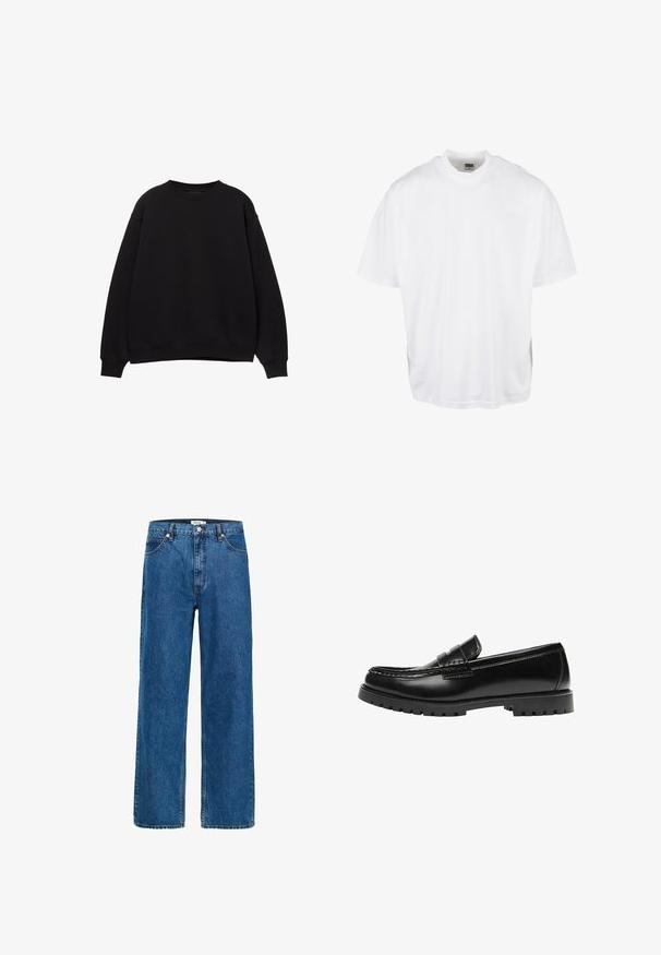 Sort sweatshirt med rund hals, sænkede skuldre og ribbede manchetter. Lavet af et blødt materiale, med et simpelt, klassisk design.; Hvid bomulds T-shirt med en afslappet pasform, korte ærmer og rund halsudskæring, med en lige kant og ingen synlige grafikker eller mønstre.; Bredde ben jeans i mørk blå denim. Funktionen inkluderer fem lommer, en knaplukning og diskret syning. Glat tekstur med minimal falming.; Sort læderloafer med en kraftig gummisål og klassiske penny-strap detaljer, vist fra ydersiden.