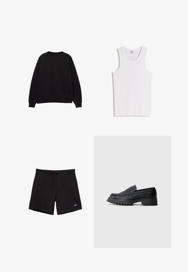 Sweat-shirt noir avec un col rond, des épaules tombantes et des poignets côtelés. Fabriqué en matériau doux, il présente un design simple et classique.; Débardeur blanc en coton avec un col rond et de larges bretelles. Texture lisse, sans motifs ni accents, design simple.; Shorts noirs décontractés avec une ceinture élastique, un cordon de serrage, deux poches latérales et un petit logo blanc brodé sur la jambe gauche.; Mocassins en cuir noir avec un bout arrondi, présentant une sangle décorative et une semelle en caoutchouc épaisse avec de profonds crampons pour une meilleure adhérence.