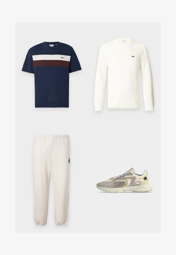 Suéter blanco de punto trenzado con cuello redondo, mangas largas y un logo bordado en verde en el pecho. Fabricado en un suave tejido de punto.; Camiseta de algodón azul marino con rayas horizontales en crema y burdeos, con un pequeño logo de cocodrilo verde en el pecho.; Pantalones de chándal de color beige claro, hechos de algodón, con una cinturilla elástica, puños acanalados y un logo verde con diseño de hoja en la pierna izquierda.; Zapatilla Lacoste beige y crema con superposiciones de mesh y ante, cordones blancos y texto de la marca en el lateral, vista desde el exterior.