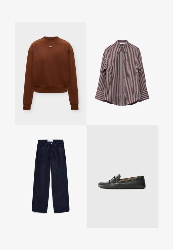 Bruine lange mouwen crewneck sweatshirt met geribbelde manchetten en zoom, met een klein "HUGO" logo patch in het midden van de borst.; Bruine blouse met knopen, verticale lichtblauwe en witte strepen, lange mouwen, borztzak en puntige kraag.; Donkerblauwe denim wijde broek met een klassieke vijf-pocket stijl, afgewerkt met een metalen knop en rits. Stevige stof en rechte zoom.; Zwarte leren bootshoe met een ronde neus, gestikte details, een kleine strikaccent en een rubberen zool. Soepele textuur en gestroomlijnd ontwerp.