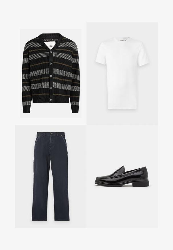 Cardigan noir avec des rayures verticales en gris et olive. Présente un col en V, des poignets côtelés et six boutons noirs sur le devant.; T-shirt blanc uni à manches courtes et col rond, avec une petite étiquette de marque à l'intérieur du col, présenté sur un fond blanc.; Pantalons en coton bleu marine avec une coupe droite. Comprend des poches avant, une fermeture à bouton et des détails de couture visibles.; Mocassins en cuir noir avec un embout arrondi, présentant un détail cousu sur le dessus, et un petit talon carré. Texture lisse et finition brillante.