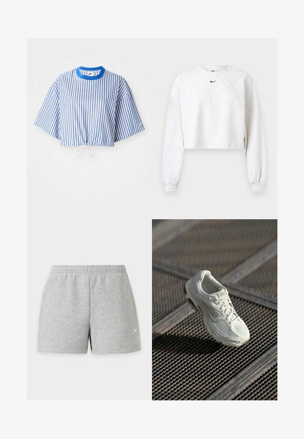 Kerged kangast halli varjundiga lühendatud pikkusega tunkesärk. Omab ümara kaelusega, pika varrukaga ja elastsete mansettidega ning must Nike logo rinna kohal.; Lühike särk siniste ja valgete vertikaalsete triipudega, lühikeste laiale varrukatele ja tõmbluku vööl. Esitelt sinine ümar kaelus.; Helehallid sportlühikesed püksid elastse vöökohaga ja väike valge Nike logo vasakul jalal ühevärvilise tausta ees.; Valge Nike jooksutoss, millel on võrgust ja sünteetilisest materjalist ülemine osa, puhates metallvõrgust põrandal pehmes looduslikus valguses.