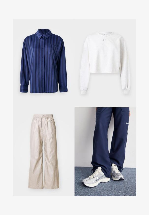 Korte sweatshirt in lichtgrijs, gemaakt van zachte stof. Heeft een ronde hals, lange mouwen met elastische manchetten, en een zwart Nike-logo boven de borst.; Marineblauw gestreepte shirt met kraag, borstzak en lange mouwen. Gemaakt van een gladde, glanzende stof met een losse pasvorm.; Lichtbeige wijde broeken van gekreukt materiaal, voorzien van een elastische tailleband met een trekkoord en zijzakken.; Nike hardloopschoenen met een zilveren mesh bovenkant, witte accenten en structuurzolen, gecombineerd met luchtige navy broeken.