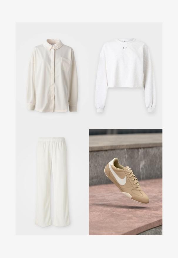 Krátka mikina v svetlosivej farbe, vyrobená z mäkkej tkaniny. Má okrúhly výstrih, dlhé rukávy s elastickými manžetami a čierne logo Nike nad hrudníkom.; Biele košeľové tričko s náprsným vreckom, dlhé rukávy, vertikálne pruhy, vyrobené z hladkej látky s jemnou textúrou.; Krémyové nohavice s širokým strihom, vyrobené z ľahkého materiálu, s vertikálnymi pruhmi a elastickým pásom.; Béžová teniska Nike s bielym logom a šnúrkami, vo vzduchu nad betónovým povrchom a schodmi v pozadí.