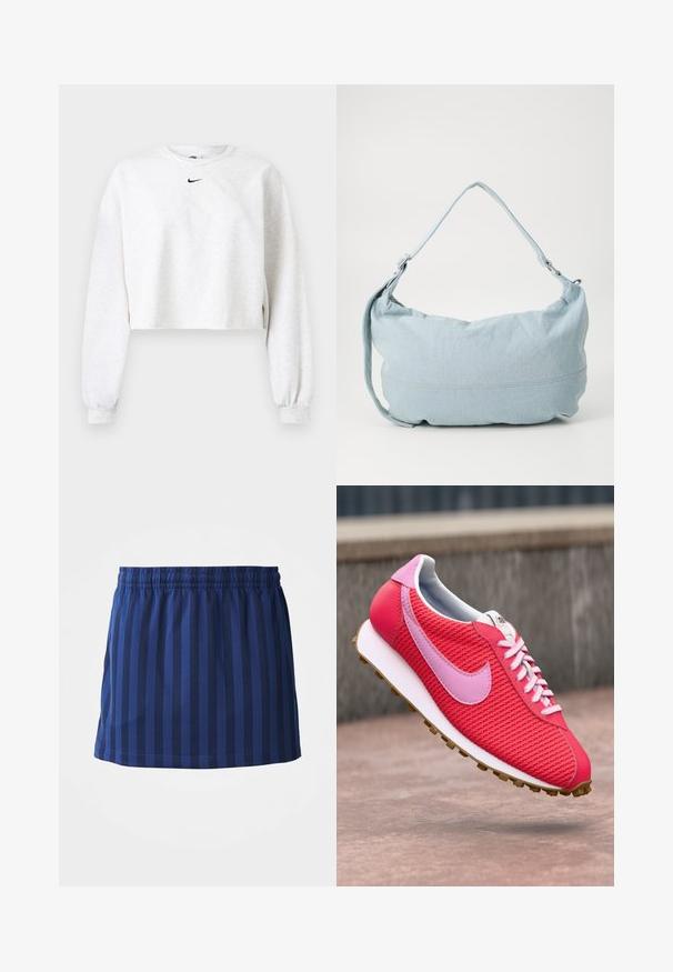 Vaaleanharmaa lyhyt collegepaita, pehmeästä kankaasta. Siinä on pyöreä kaula-aukko, pitkät hihat joustavilla resoreilla ja musta Nike-logo rinnan yläpuolella.; Tummansininen hame, jossa on pystysuorat raidat, elastinen vyötärö, hartialle saakka ulottuva pituus, valmistettu kevyestä kankaasta, sileä rakenne.; Kirkkaan vaaleanpunainen ja punainen neulottu lenkkari, jossa on vaaleanpunainen logo ja nauhat, valkoinen pohja ja ruskea kulutuspinta leijuu betonipinnan yllä.; Vaaleansininen farkkukangasta olkalaukku, jolla on pyöreä muoto, säädettävä hihna ja hienovarainen ommel yläreunan ympärillä. Pehmeä tekstuuri.