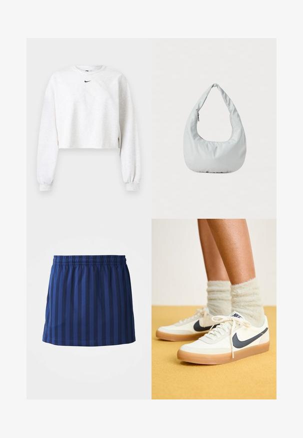 Kroppet sweatshirt i lysegrå, lavet af blødt stof. Har rund hals, lange ærmer med elastiske manchetter og et sort Nike-logo over brystet.; Mørkeblå nederdel med lodrette striber, elastisk talje, længde til midten af låret, lavet af letvægtsstof, glat tekstur.; Hvide Nike sneakers med navy swoosh, tekstureret stof, hvide snørebånd og gummisål, parret med fluffy lysegrønne sokker. Gul baggrund.; Blød, lys grå hobo-taske lavet af syntetisk materiale. Har et enkelt polstret håndtag og en lynlåslomme på siden.