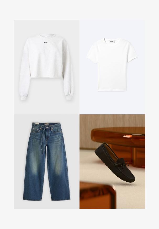 Korte sweatshirt in lichtgrijs, gemaakt van zachte stof. Heeft een ronde hals, lange mouwen met elastische manchetten, en een zwart Nike-logo boven de borst.; Effen wit T-shirt met korte mouwen en ronde hals met een klein "WEEKDAY" label aan de binnenkant van de hals, plat neergelegd op een lichte achtergrond.; Denim wide-leg jeans in donkerblauw met een vervaagd ontwerp, voorzien van een trekkoord in de taille en vijf zakken.; Zwarte loafer in mocassinstijl met gestrikte veters, zwevend boven een beige tapijt in een kamer met amberkleurig meubilair.
