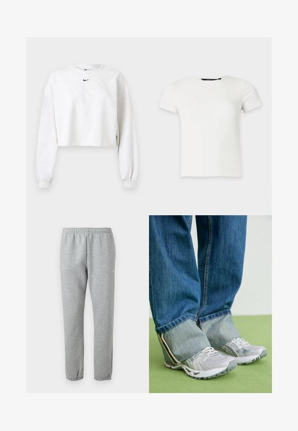 Korte sweatshirt in lichtgrijs, gemaakt van zachte stof. Heeft een ronde hals, lange mouwen met elastische manchetten, en een zwart Nike-logo boven de borst.; Wit geribbeld gebreid T-shirt met korte mouwen en een ronde hals, weergegeven op een effen lichtgrijze achtergrond.; Lichtgrijze Nike joggingbroek met elastische tailleband en boorden, klein wit Nike swoosh-logo op de bovenste linker dij.; Grijze sportieve schoenen van mesh materiaal met witte accenten, in combinatie met blauwe denim jeans die aan de enkels zijn omgeslagen.