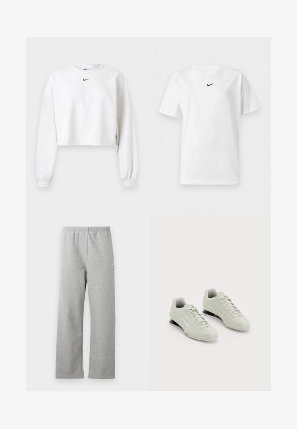 Kroppet sweatshirt i lysegrå, lavet af blødt stof. Har rund hals, lange ærmer med elastiske manchetter og et sort Nike-logo over brystet.; Hvid t-shirt med korte ærmer og rund halsudskæring med et lille sort Nike Swoosh-logo centreret nær kraven.; Lysegrå joggingbukser med elastisk talje og lille hvidt Nike-logo på øverste lår, vist fladt mod en hvid baggrund.; Hvide Nike sneakers med en tekstureret overdel, der har en glat tæer og sorte polstringselementer. Snørebåndsstil med forstærket hæl.