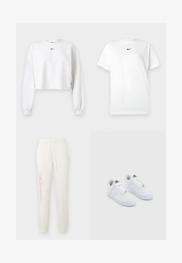 Korte sweatshirt in lichtgrijs, gemaakt van zachte stof. Heeft een ronde hals, lange mouwen met elastische manchetten, en een zwart Nike-logo boven de borst.; Witte korte mouwen crew neck T-shirt met een klein zwart Nike swoosh-logo gecentreerd onder de ronde hals.; Witte sweatpants met een taps toelopend ontwerp, voorzien van een roze "Nike Sportswear" logo op het linkerbeen en een elastische tailleband met trekkoorden.; Witte Nike Air Force 1 sneakers met een glad leren bovenwerk, geperforeerde teenbox, witte veters en zwarte branding op de tong.