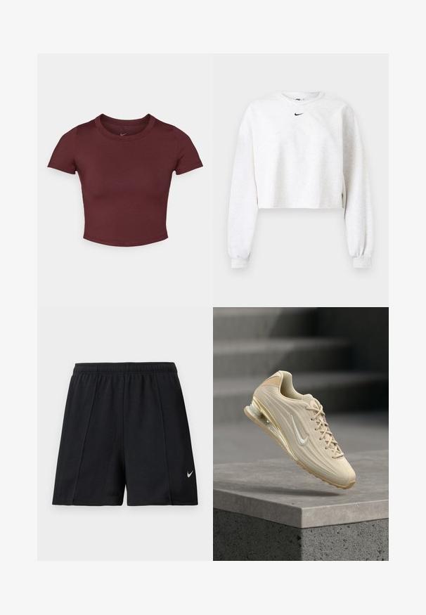 Krátka mikina v svetlosivej farbe, vyrobená z mäkkej tkaniny. Má okrúhly výstrih, dlhé rukávy s elastickými manžetami a čierne logo Nike nad hrudníkom.; Marónová cropped tričko z hladkej elastickej látky. Má krátke rukávy a okrúhly výstrih, s nenápadným logom na hrudi.; Čierne atletické šortky z mäkkého, elastického materiálu, so strečovým pásom a malým sivým logom Nike na dolnej ľavej nohe.; Béžová teniska Nike s textúrovaným zvrškom, bielym logom Swoosh, šnúrkami a podrážkou s air-vankúšom, ktorá sa vznáša nad betónovým múrom.