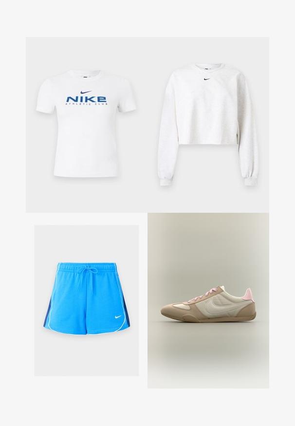 Īsās pelēkās krāsas sporta džemperis, izgatavots no mīksta auduma. Tam ir apaļa apkakle, garas piedurknes ar elastīgiem galiem un melns Nike logotips virs krūtīm.; Balta Nike īsroku T-krekls ar zilu tekstu "NIKE ATHLETIC CLUB" un tumši zilu Nike swoosh logotipu priekšpusē centrā.; Zili sporta šorti ar baltu apmaliņu gar malām, tumši zili sānu paneļi, elastīga josta, aukla un mazs balts Nike logo priekšpusē.; Zems profila bēša un balta sporta apavu pāris ar rozā šņorēm un papēža akcentu, ar Nike swoosh zīmi sānos pret vienkrāsainu fonu.