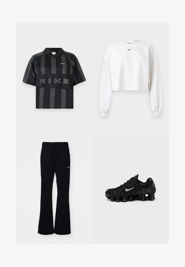 Sweat-shirt raccourci de couleur gris clair, en tissu doux. Caractérisé par un col rond, des manches longues avec des poignets élastiques, et un logo Nike noir au-dessus de la poitrine.; Polo Nike manches courtes à rayures verticales noires et gris foncé, col, virgule Nike blanche et grand texte NIKE sur la poitrine.; Pantalon de survêtement noir avec une taille élastique, des jambes évasées, deux poches latérales et un logo Nike blanc sur le côté gauche.; Chaussure de sport Nike noire avec logo Swoosh argenté, tige en mesh et synthétique, et semelle coussinée segmentée distinctive.