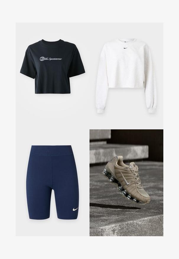 Korte sweatshirt in lichtgrijs, gemaakt van zachte stof. Heeft een ronde hals, lange mouwen met elastische manchetten, en een zwart Nike-logo boven de borst.; Korte zwarte katoenen t-shirt met korte mouwen, voorzien van witte tekst "Vice Sportswear" en een ronde afbeelding aan de voorkant.; Marineblauwe atletische biker shorts met hoge taille en Nike-logo op linker dij tegen een witte achtergrond.; Beige Nike hardloopschoen met zilveren accenten en veerachtige zool zwevend boven betonnen trappen bij gedimd licht.