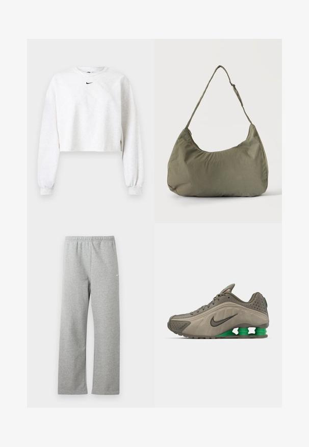 Kerged kangast halli varjundiga lühendatud pikkusega tunkesärk. Omab ümara kaelusega, pika varrukaga ja elastsete mansettidega ning must Nike logo rinna kohal.; Heledat hallid dressipüksid elastse vöökohaga ja väike valge Nike logo ülereiel, kuvatud valgel taustal lahtilainetavana.; Nike kingad oliivroheline, sileda pealmise osaga, perforatsioonide detailidega, mustade aktsentidega ja roheliste kontsatoetustega. Kerge ja voolujooneline disain.; Õlakott pehmest oliivrohelisest kangast, lukuga sulgemine ja reguleeritav rihm, ühtlasel heledal taustal.