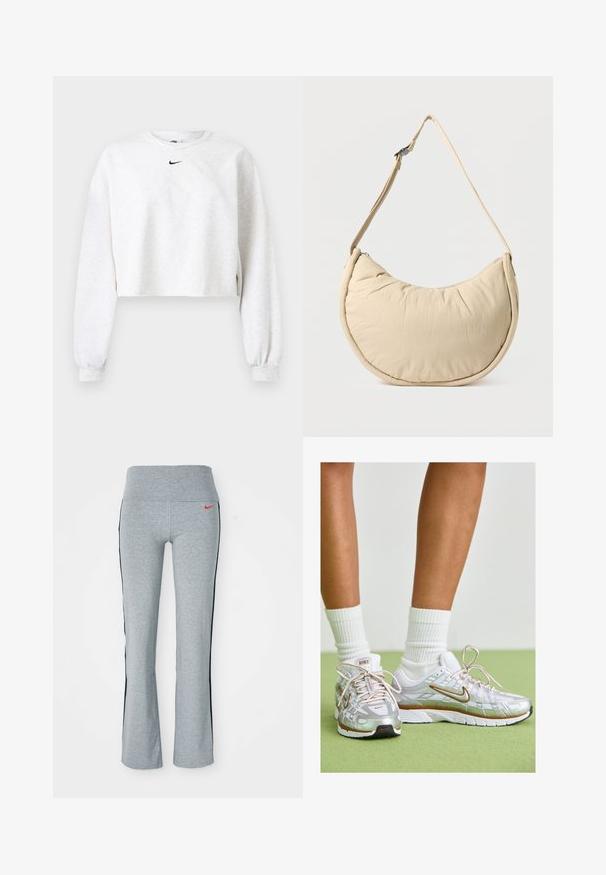 Kroppet sweatshirt i lysegrå, lavet af blødt stof. Har rund hals, lange ærmer med elastiske manchetter og et sort Nike-logo over brystet.; Grå træningsbukser med en bred talje, med et rødt Nike-logo og sorte sidelister. Fremstillet af blødt, strækbart materiale.; Sølv atletik sko med hvide og gyldne accenter, der har en mesh-overdel, gummisål og en reflekterende finish. Strømper synlige over anklen.; Beige skuldertaske i halvmåneform med en blød, polstret overflade. Har justerbar rem og lynlås langs den øverste kant.
