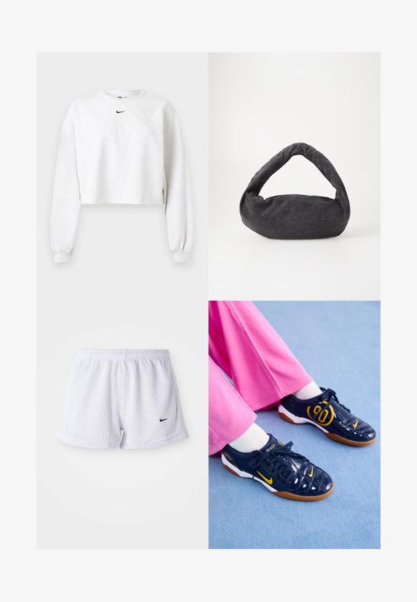 Kroppet sweatshirt i lysegrå, lavet af blødt stof. Har rund hals, lange ærmer med elastiske manchetter og et sort Nike-logo over brystet.; Hvide ribbede sports-shorts med elastisk talje og lille sort Nike-logo på nederste venstre side. Enkel, minimalistisk design.; Mørkeblå syntetiske sneakers med orange accenter, der har en struktureret overdel, hvid sål og sorte snørebånd. Sammen med lyserøde bukser med vide ben.; Mørkegrå stofpose med et buet håndtag, blød tekstur og rund form. Ingen synligt hardware eller pynt.