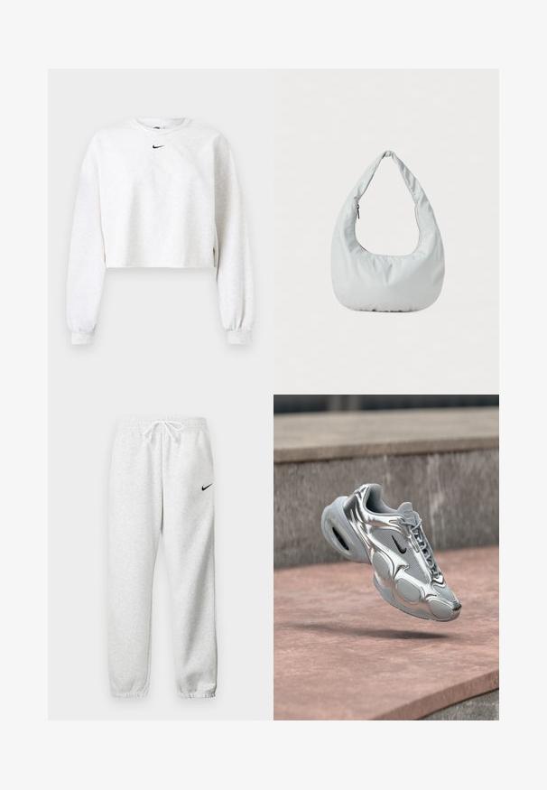 Korte sweatshirt in lichtgrijs, gemaakt van zachte stof. Heeft een ronde hals, lange mouwen met elastische manchetten, en een zwart Nike-logo boven de borst.; Grijze joggingsbroek van een zachte stof, met een elastische tailleband met trekkoord en een klein zwart Nike-logo op de linker bovenbeen.; Zilveren en grijze Nike Air-sneaker met zwarte swoosh die boven een rozeachtige betonnen ondergrond en stenen richel zweeft.; Zachte, lichtgrijze hobo tas van synthetisch materiaal. Heeft een enkele gevoerde handgreep en een ritsvak aan de zijkant.