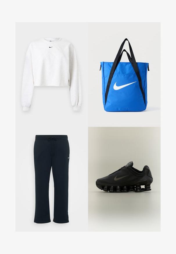 Kroppet sweatshirt i lysegrå, lavet af blødt stof. Har rund hals, lange ærmer med elastiske manchetter og et sort Nike-logo over brystet.; Sorte sweatpants med elastisk talje og justerbar snor. Har et lille hvidt Nike-logo på venstre side. Blød stofstruktur.; Sort Nike-sneaker med lynlåsfunktion øverst og karakteristisk fjederlignende opdelt sål, vist i sideprofil mod en neutral baggrund.; Blå nylon shopper med sorte stropper, med en stor hvid Nike swoosh-logo. Lynlås i toppen og ekstra lomme på siden.