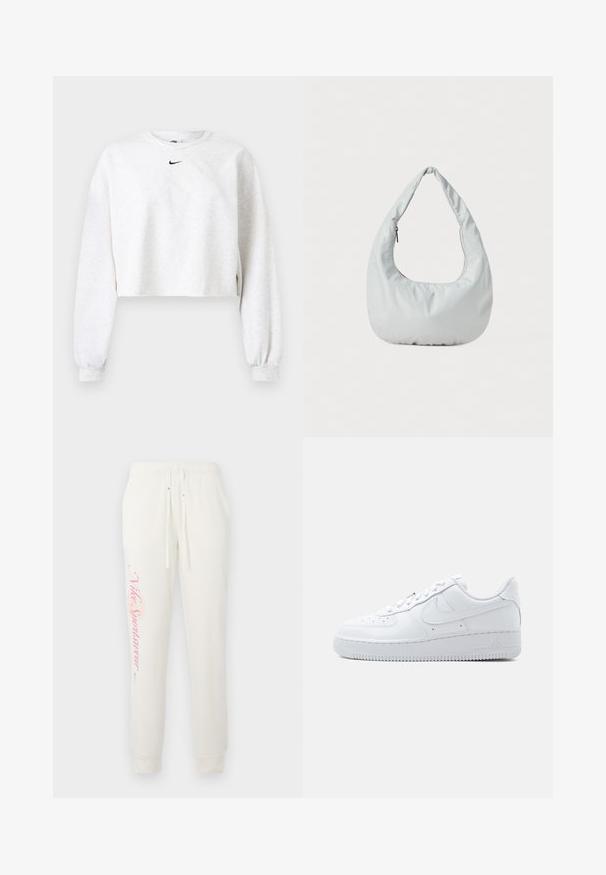 Kroppet sweatshirt i lysegrå, lavet af blødt stof. Har rund hals, lange ærmer med elastiske manchetter og et sort Nike-logo over brystet.; Hvide sweatpants med en tætsiddende design, prydet med et pink "Nike Sportswear" logo på det venstre ben og elastisk talje med snore.; Hvid Nike Air Force 1 sneaker med lavt snit, snørelukning, perforeret tåboks og karakteristisk Swoosh-logo på siden.; Blød, lys grå hobo-taske lavet af syntetisk materiale. Har et enkelt polstret håndtag og en lynlåslomme på siden.