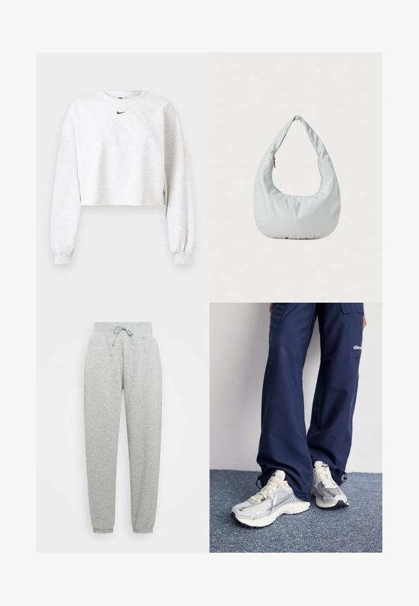 Gekürztes Sweatshirt in Hellgrau aus weichem Stoff. Mit rundem Ausschnitt, langen Ärmeln mit elastischen Bündchen und einem schwarzen Nike-Logo über der Brust.; Graue Sweatpants mit elastischem Bund, verstellbarem Kordelzug und gerippten Bündchen. Aus weichem Stoff; ausgestattet mit zwei Seitentaschen.; Nike Sportschuhe mit einem silbernen Mesh-Obermaterial, weißen Akzenten und strukturierten Sohlen, kombiniert mit locker sitzenden marineblauen Hosen.; Weiche, hellgraue Hobo-Tasche aus synthetischem Material. Verfügt über einen gepolsterten Tragegriff und ein seitliches Reißverschlussfach.