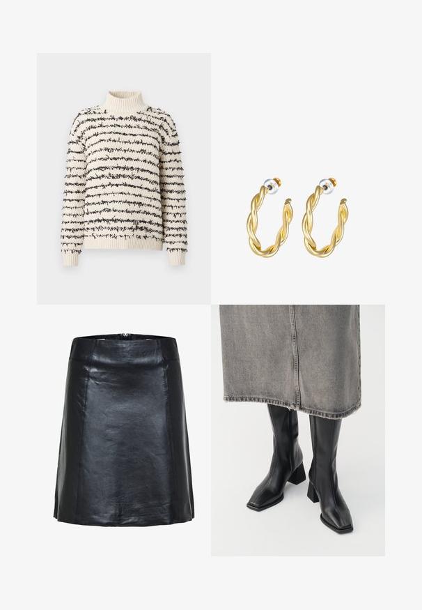 Jersey de punto color crema con rayas horizontales negras texturizadas y cuello alto, puños y dobladillo acanalados.; Falda negra de cuero en línea A con costuras visibles y un ligero brillo, con cintura alta y bajo corto.; Botas negras hasta la rodilla de cuero liso con punta cuadrada y tacón cuadrado. Llevadas con una falda de mezclilla gris con dobladillo desflecado.; Pendientes de aro retorcidos en oro con una superficie lisa, que cuentan con un respaldo transparente y herrajes en tono dorado.