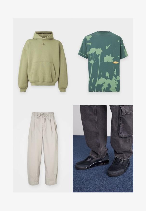 Hele oliivroheline kapuutsiga dressipluus esikoti, soonikkoes käiste otsa ja alaäärega ning väike must Jordan logo kaela all keskel.; Rohelise lipsuvärviga lühikeste varrukatega Nike T-särk, millel on helerohelised lillemustrid ja Nike tõmbenool logo rinnal.; Beeži, kerged püksid elastse vöökoha ja nööriga. Omavad voldikuid ja laia istuvust, valmistatud pehmest, siledast kangast.; Mustad mustrennijalats, millel on tekstuuriga pind, silejad aktsentid ja paks tald, koos tumedate, lahtiste cargo-pükstega.