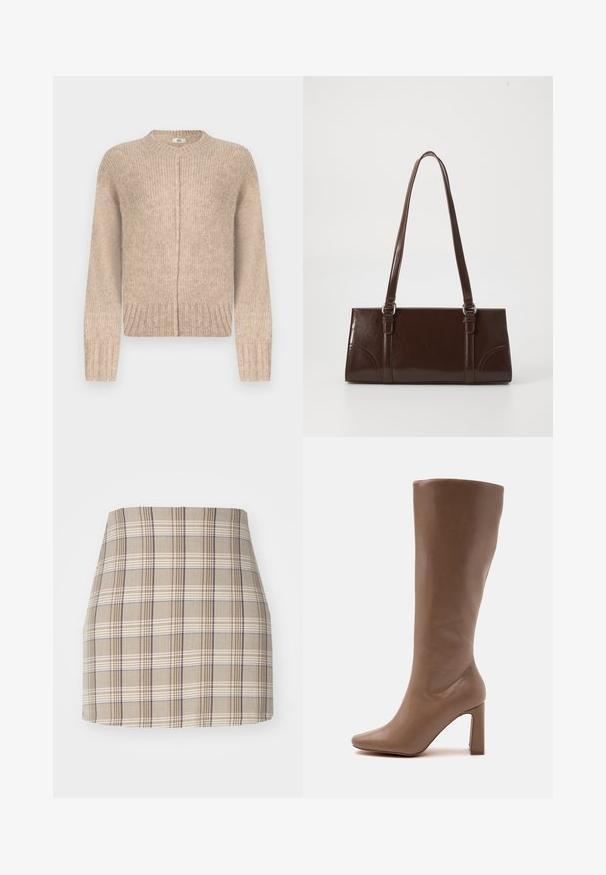Pull en tricot beige à manches longues, col rond, ourlet côtelé et détail de couture sur le devant. Confectionné dans un matériau doux et texturé.; Even&Odd by Zalando Minijupe - beige; Botte en cuir marron mi-mollet avec bout pointu et talon haut épais, vue de profil sur fond blanc.; Sac à main en cuir verni marron de forme rectangulaire, avec deux longues poignées et des accents courbés subtils à l'avant.