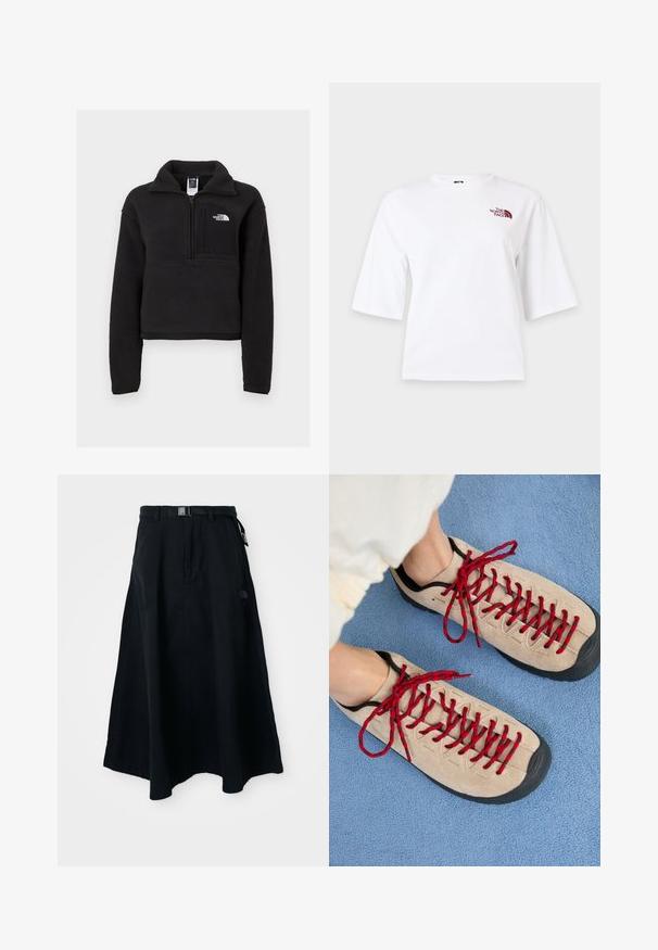 Must mustriga pullover, millel on veerandi tõmblukk, kõrge krae ja rinnaeelik, millel on valge logo. Pehme tekstuur ja lühendatud disain.; Valge lühikeste varrukatega T-särk ümmarguse kaelusega ja väike tumepruun "The North Face" logo ülemisel vasakul rinnal.; Must melst õhukas seelik, millel on lame vöökoht, klamber ja küljetaskud. Esiosas logo detail.; Beezhikirid punased nööridega, paigutatud sinisele tekstureeritud pinnale, osaliselt paljastavad inimese pahkluu. Kingad on sportliku disainiga.