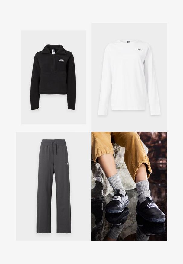 Schwarzer Fleece-Pullover mit Viertelreissverschluss, hohem Kragen und einer Brusttasche mit einem weißen Logo. Weicher Stoff und verkürzter Schnitt.; Weißes Langarmshirt mit Rundhalsausschnitt und kleinem schwarzem The North Face-Logo auf der linken Brust.; Dunkelgraue Sweatpants mit weitem Bein, geripptem elastischem Bund und Kordelzug, mit kleinem weißem Logo am rechten Oberschenkel.; Schwarze isolierte Schlupfschuhe mit strukturierten Sohlen und weißem Logo, getragen mit grauen Strümpfen aus Strick, kombiniert mit ribbeligen, senffarbenen Hosen.