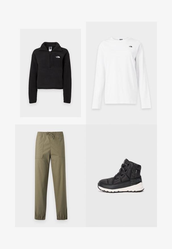 Sort fleece pullover med en kvart lynlås, høj krave og en brystlomme med et hvidt logo. Blød tekstur og cropped design.; Hvid langærmet T-shirt med rund hals og lille sort The North Face-logo på venstre bryst.; Olivengrønne bukser lavet af et glat stof med elastisk taljebånd, justerbar snor og elastiske manchetter ved anklerne.; Sorte mellemhøje vandrestøvler med tekstureret overflade, justerbare snørebånd og hvid gummisål. Har branding på siden.