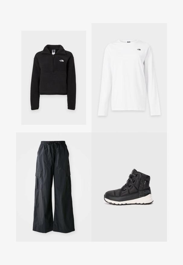 Sort fleece pullover med en kvart lynlås, høj krave og en brystlomme med et hvidt logo. Blød tekstur og cropped design.; Hvid langærmet T-shirt med rund hals og lille sort The North Face-logo på venstre bryst.; Sorte cargo-bukser lavet af letvægtigt stof, med vidde i benene, elastisk talje og flere sidelommer. Enkle og funktionelle.; Sorte mellemhøje vandrestøvler med tekstureret overflade, justerbare snørebånd og hvid gummisål. Har branding på siden.
