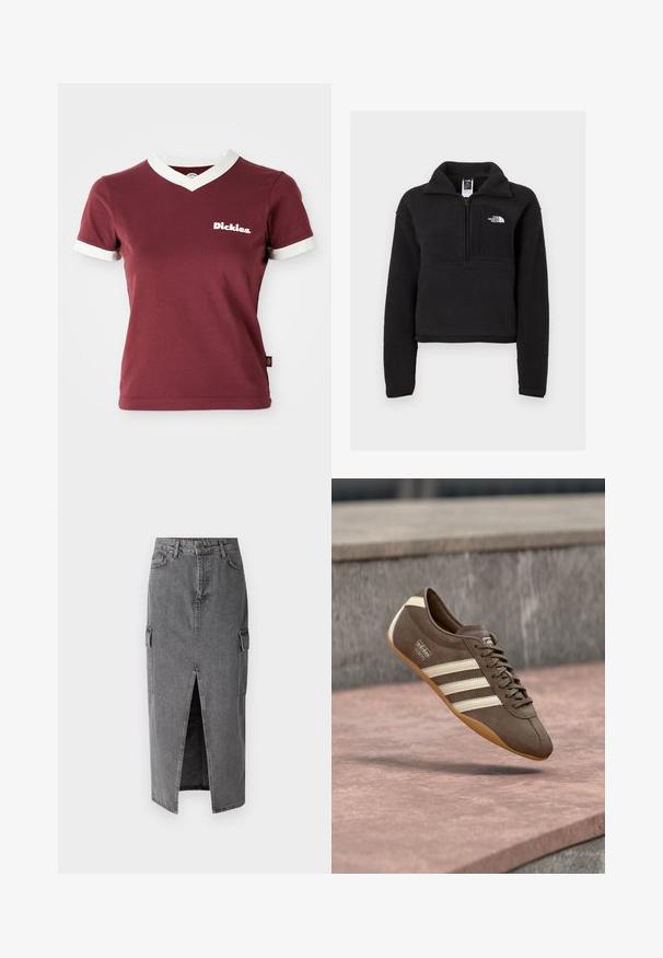 Musta fleece-pullover, jossa on neljännesvetoketju, korkea kaulus ja rintatasku, jossa on valkoinen logo. Pehmeä tekstuuri ja lyhennetty malli.; Burgundy V-neck t-paita, jossa on valkoinen ribbireuna kauluksessa ja hihoissa. Vasemmassa rinnassa on valkoinen "Dickies"-logo. 100% puuvillaa, muotoiltu malli.; Harmaa farkkukangas midi-hame, joka tarjoaa suoran siluetin, kaksi sivutaskua ja etuhaarukan liikkumisen helpottamiseksi. Klassinen farkkutekstuuri.; Ruskeat mokkanahkaiset tennarit valkoisilla raitoineen ja brändäyksellä, joissa on pyöreä kärki ja kumipohja, roikkuvat teksturoidun pinnan yläpuolella.
