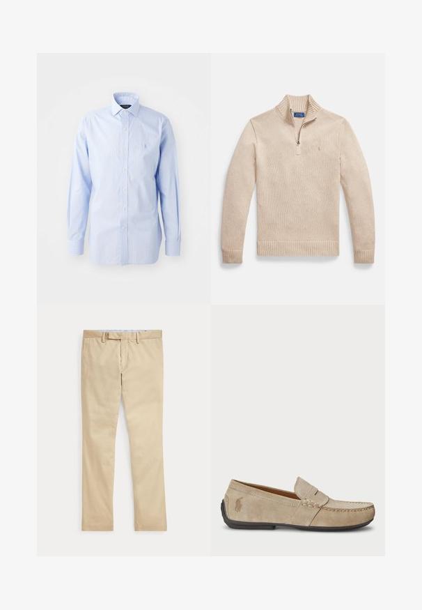 Beežist kangast, tekstureeritud kudumiga zip-up kampsun. Omab ribidega kaelust ja allääri ning väikest logo vasakul rinnal.; Hele helesinine triibuline nööpidekaan küljes, klassikalise krae, pikad varrukad ja väike logo vasakus rinnas.; Beeži sirgete säärega püksid vööaasade ja ees oleva tõmblukuga, laotatud tasaselt valgele taustale.; Bež sueded loafers, mille õmblustega detailide, lame kummitald ja väike logo küljel. Klassikaline libisev disain, pehme tekstuur.