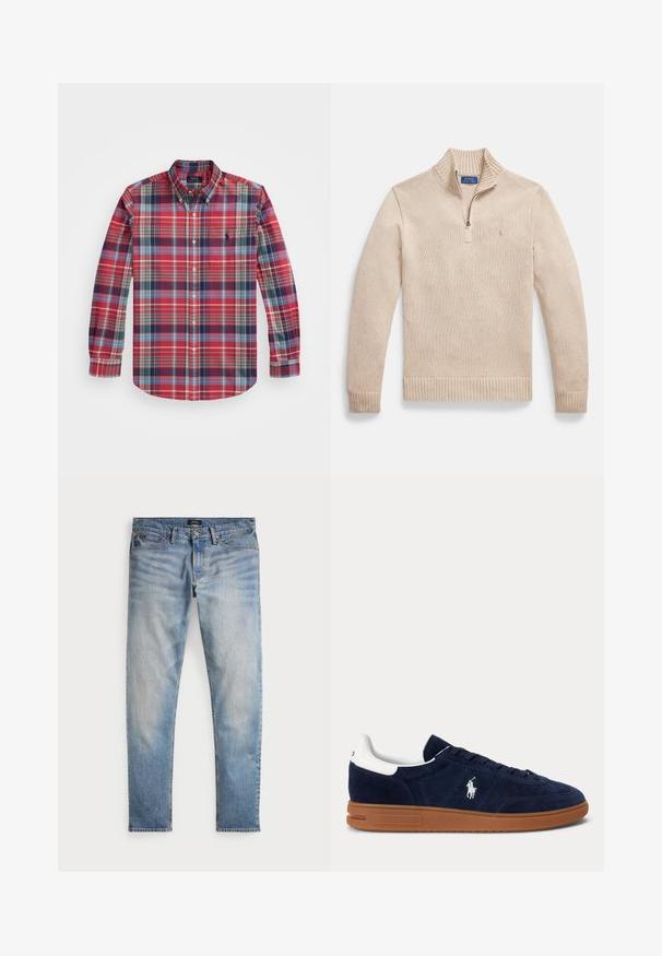 Beežist kangast, tekstureeritud kudumiga zip-up kampsun. Omab ribidega kaelust ja allääri ning väikest logo vasakul rinnal.; Pikend varrukatega ruuduline särk punases, sinises ja rohelises värvitoonis, nööbitava kraega, rinna taskuga ja logo tikandiga vasakul küljel.; Heledad sinine teksapüksid, tuhm finish, viie tasku disain ja kontrastne õmblus. Omab tõmblukku ja vööauke. Sirge lõige.; Tumesinist seemisnahast toss valge kannataskuga, küljel tikitud logoga, pruun kummipõhi ja mustade ninadega.