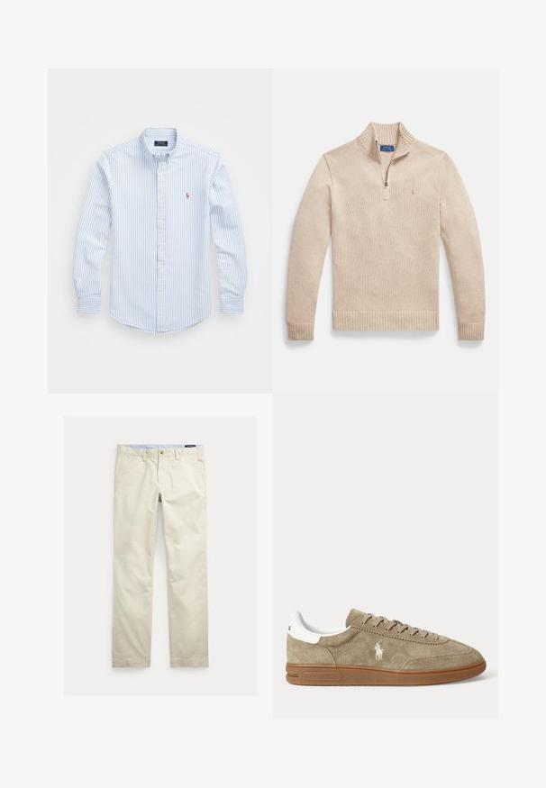 Beige trui met ritssluiting gemaakt van gestructureerde gebreide stof. Heeft een geribde kraag en zoom, met een klein logo op de linkerborst.; Lichtblauw en wit gestreept overhemd met knopen, een kraag, lange mouwen en een klein geborduurd logo op de borst. Katoenen materiaal.; Beige katoenen broek met rechte pijpen, riemlussen, voorste knoop, ritssluiting en zijzakken.; Beige suède lage sneaker met bruine zool, witte hiel-detail, veters en een wit geborduurd polo-speler logo aan de zijkant.