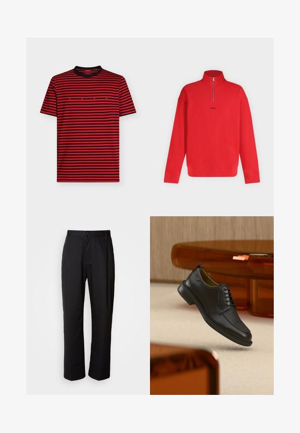 Pull rouge à manches longues avec col haut et demi-fermeture éclair, avec petit logo noir « HUGO » centré sous la fermeture éclair.; T-shirt à manches courtes rayé horizontal rouge et noir avec col noir et petit lettrage rouge "HUGO" centré sur la poitrine.; Pantalon noir à coupe droite, en tissu léger. Il dispose d'une fermeture à bouton sur le devant et de deux poches latérales ; texture lisse.; Chaussure habillée noire en cuir à lacets avec devant texturé, flottant au-dessus d'un tapis beige dans une pièce moderne avec des meubles teintés d'ambre.