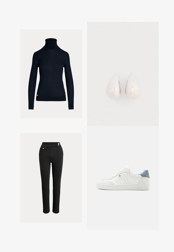 Sort rullekrave sweater med lange ærmer, en tætsiddende pasform og en ribbet kant. Et guld logo er placeret nær bunden.; Sorte slim-fit bukser med høj talje, dekorative guldknapper på taljen og en lille klaplomme på højre side.; Hvid lavtop sneaker med perforeret side, guldlogo detalje, blå tekstureret hælstrop og mærket sål på ensfarvet baggrund.; Sølvmetal dråbeøreringe med en glat, reflekterende overflade og tåreform, der har et sammenhængende design uden synlige udsmykninger.