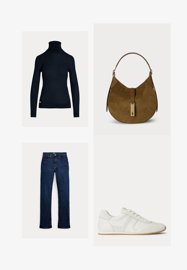 Sort rullekrave sweater med lange ærmer, en tætsiddende pasform og en ribbet kant. Et guld logo er placeret nær bunden.; Mørkeblå straight-leg jeans med frontknap og lynlås, fem-lomme design og synlige syninger.; Hvid lavtop sneaker med snørelukning foran, ruskind- og læderpaneler og en lysebrun gummisål på en hvid baggrund.; Ruskindetaske i mørkebrun med en buet silhuet. Har en top-håndtag og et metallic logo-accents på frontlukningen.